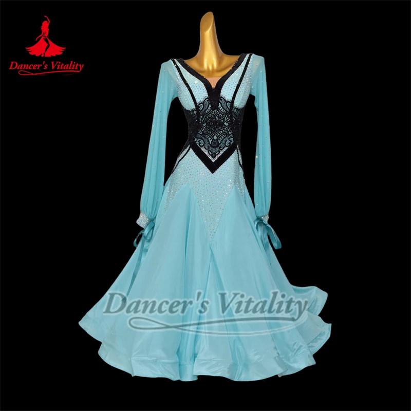 カスタマイズ女性ワルツフォックストロットタンゴプロフェッショナル服社交ダンスパフォーマンスや競技会長袖ビッグスイングドレス