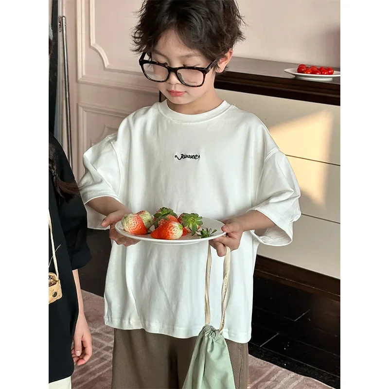 2024 Spring Summer New Fashionable Letter Embroidery Short Sleeve Korean Style Boys Girls T-shirt Children Clothing Kids T Shirt