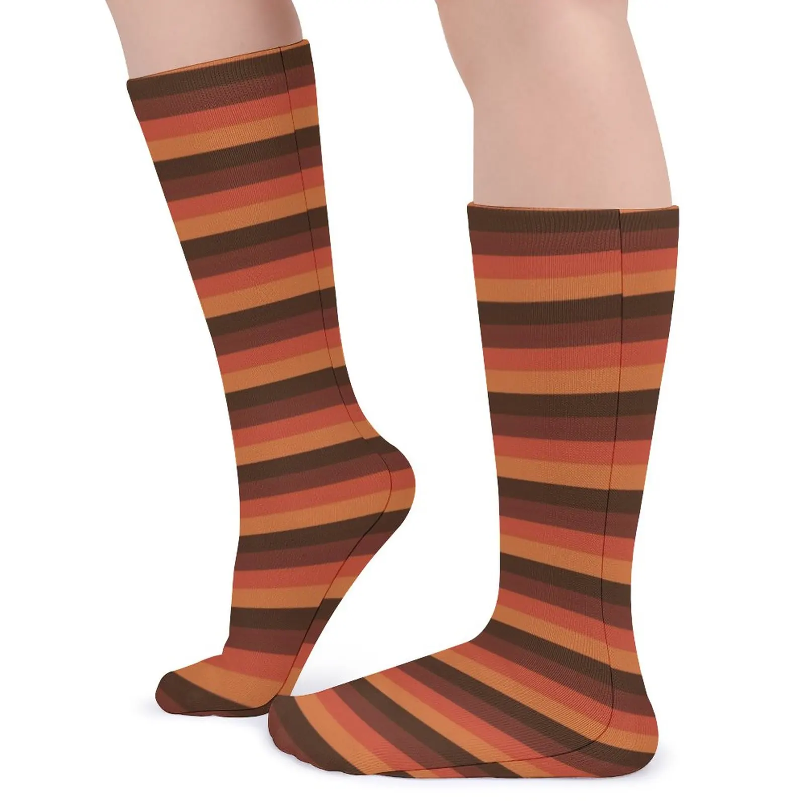 Cool Retro 70S Print Stockings Brown Orange Stripes Pattern Retro Socks Winter Non Slip Socks Female Outdoor Quality Socks