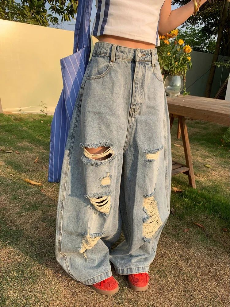 

Summer Women's Large Holes Loose Wide Leg Blue Jeans Personalized Trousers Cool Girl Casual Bottoms Female Street Pants