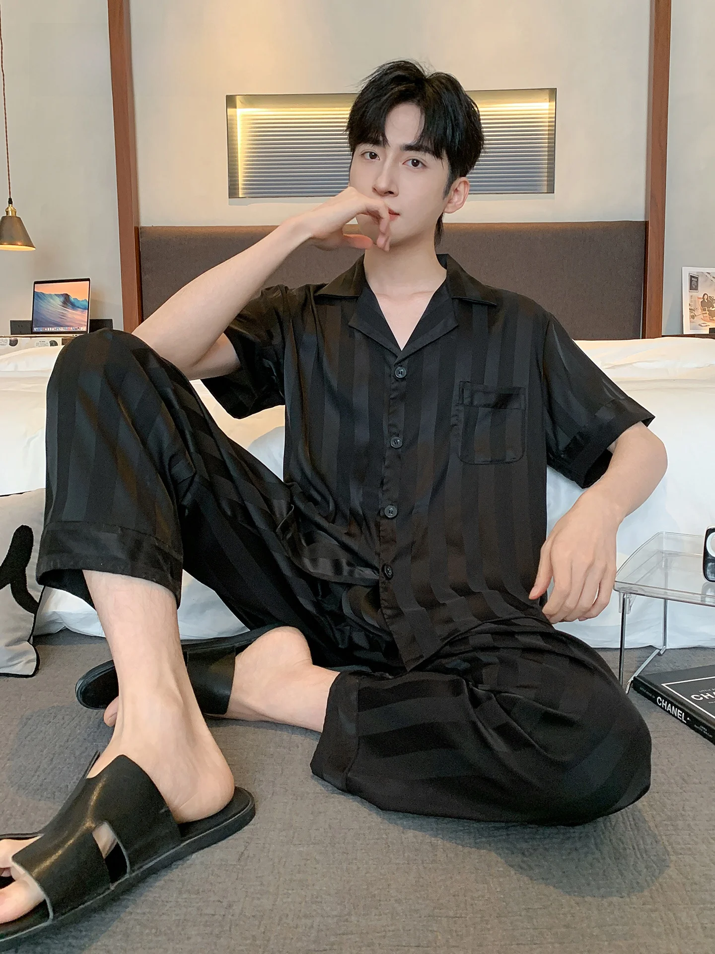 shanghai-story-2026-summer-men's-ice-silk-short-sleeve-embroidered-sleepwear-home-clothes-dad-gift-box-set-loose-fit-long-pants