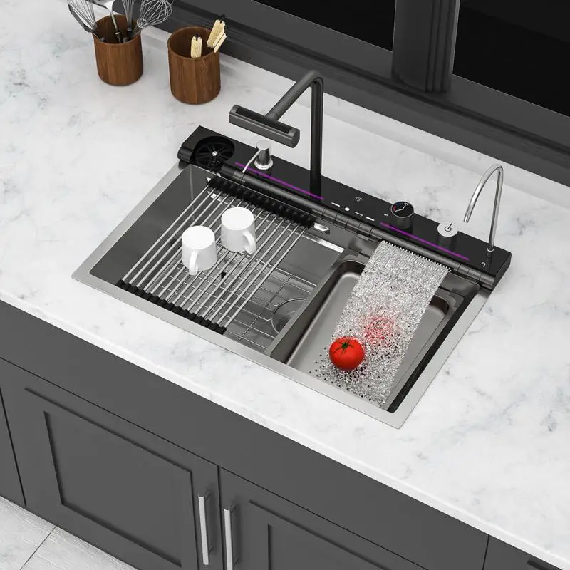 

30-Inch Kitchen Waterfall Sink - 30 x 19 x 9 Inch Multi-Function Single Bowl 16G Stainless Steel Ledge Workstation with Smart