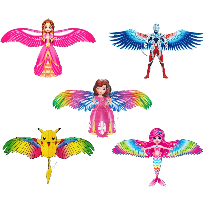 1 Juego de cometa voladora para niños, juguete de dibujos animados, mariposa, sirena, loro, urracas, águila, cometa con mango, cometa voladora, juguetes para exteriores