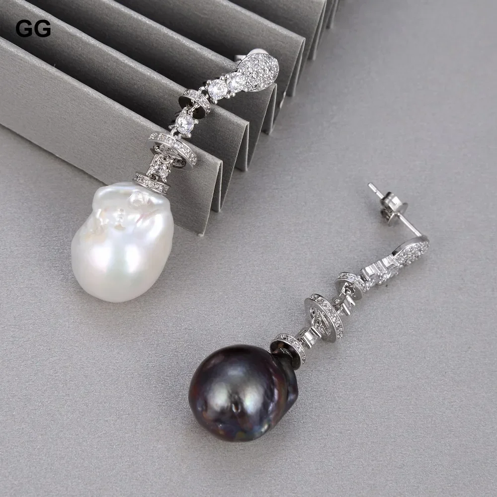 

Natural Black White Keshi Baroque Pearl Cz Paved Stud Jewelry Gifts Dangle Earrings