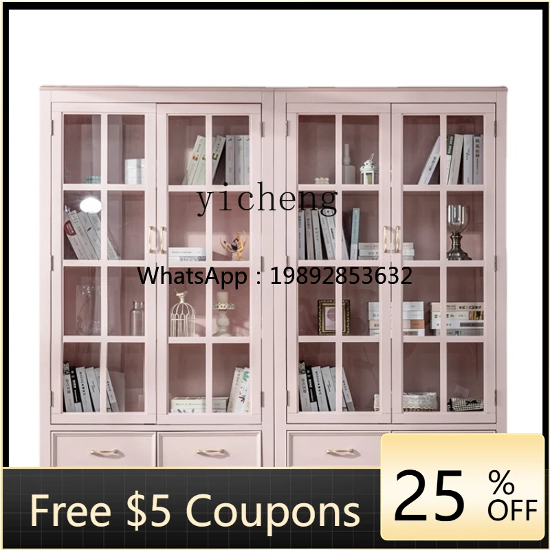 AB  Dust Belt Glass Door Floor-Standing Rack Bookshelf Pink Storage Display Solid Wood Bookcase