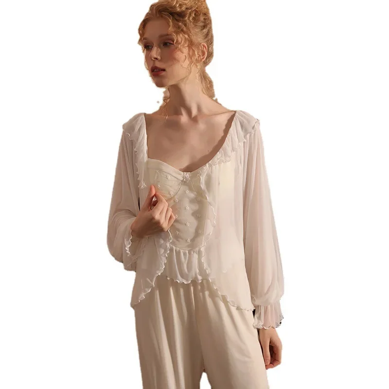 Women Fairy Lace Bustier Shirt Pants Solid Color Sleepwear Nightwear Spring Autumn Mesh Three Piece Sets Slim Modal Loungewear