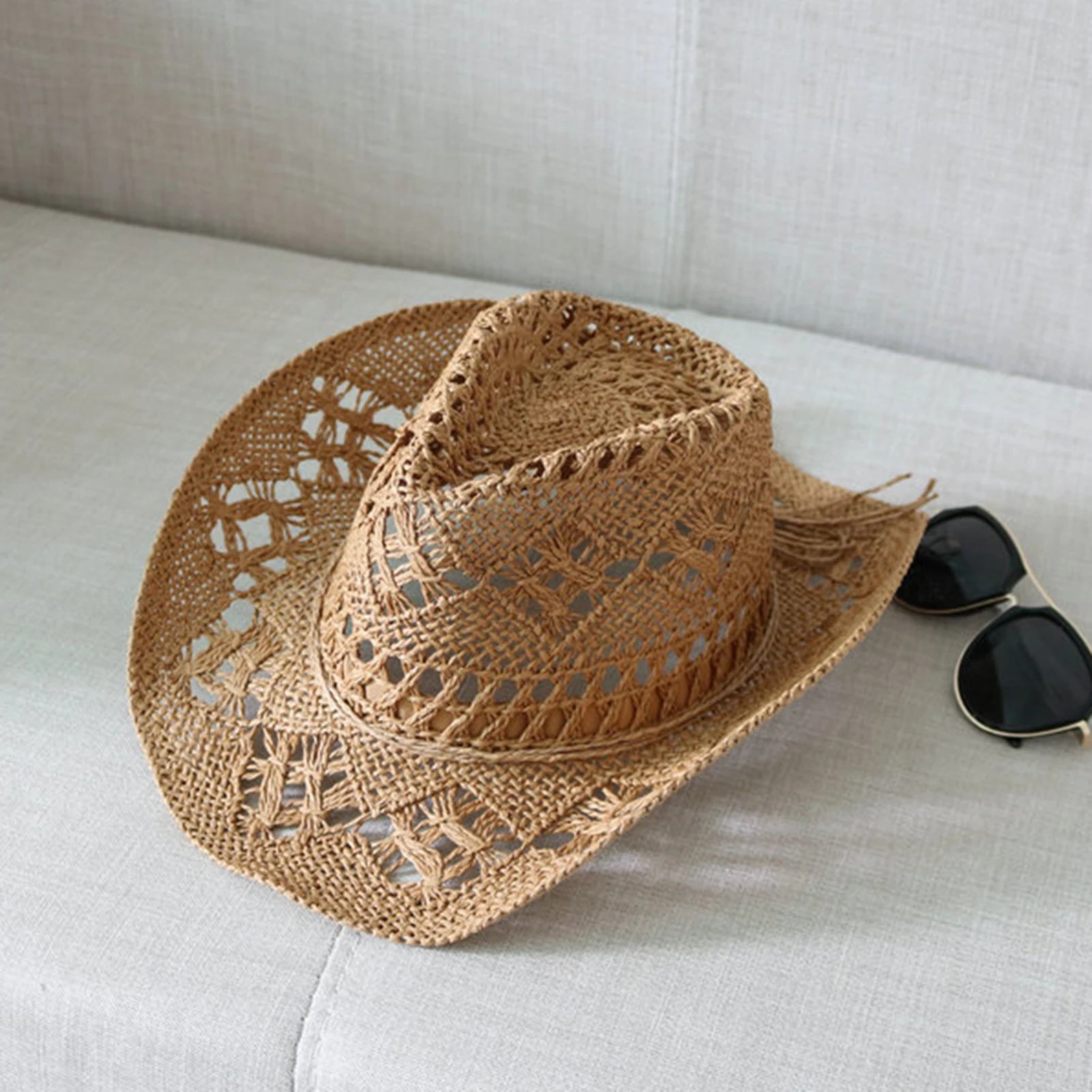 5pcs Fashion Hollowed Handmade Cowboy Straw Hat Women Men Summer Outdoor Travel Beach Hats Unisex Solid Western Sunshade Cap