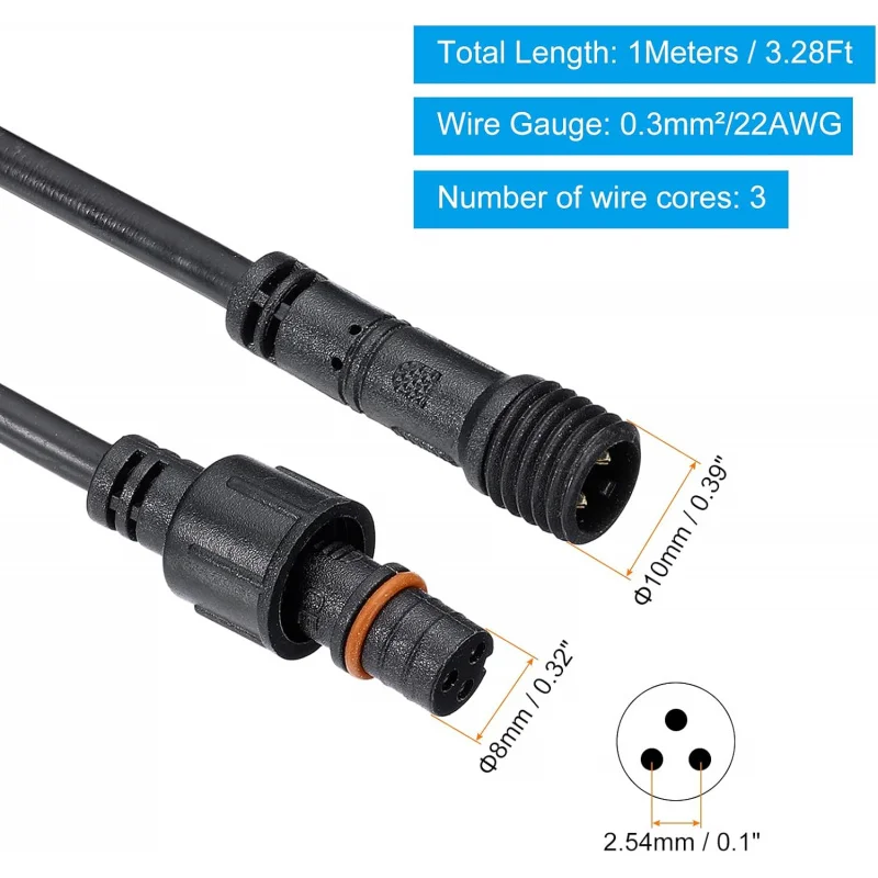 سلك تمديد 3.28 قدم، موصل IP67 مقاوم للماء 22AWG مع شرائط LED للذكور والإناث على كلا الطرفين، أسود