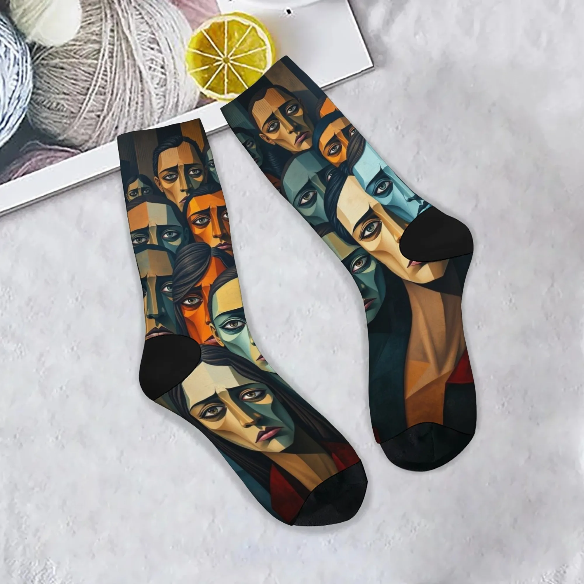 Kubistischer Stil, menschliches Gesicht, Kunstsocken, Neuheit, lustige Herrensocken, bequeme warme rutschfeste Socken, Retro-Mode, lässige Sportsocken