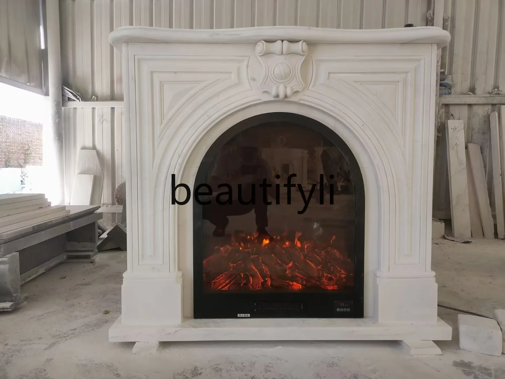 D88 European carved arched living room stone fireplace decorative cabinet French background wall light luxury storage cabinet