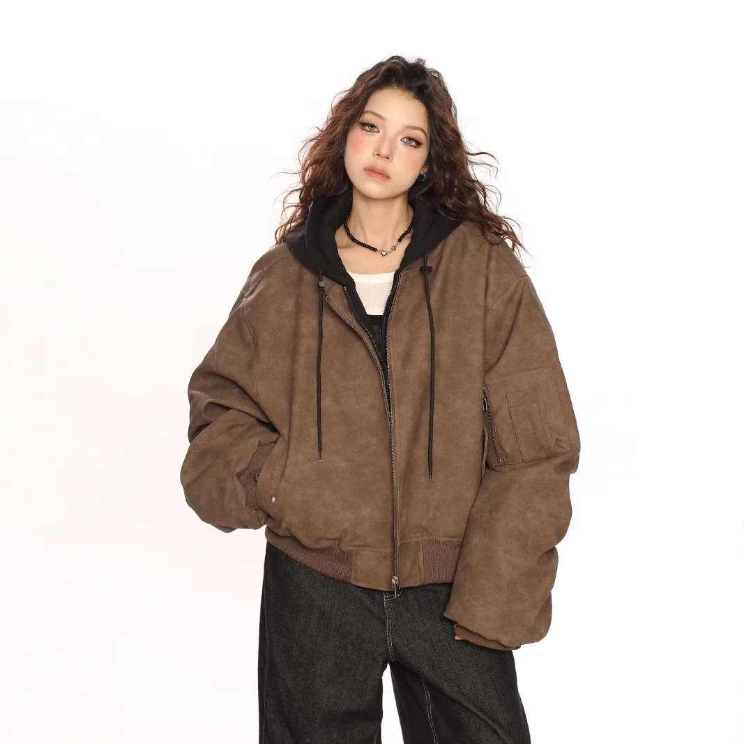

Women's Jacket 2026 Spring Autumn Faux Leather Jacket Hooded Oversized Hip Hop Cool Versatile Flight Top Jacket Coat