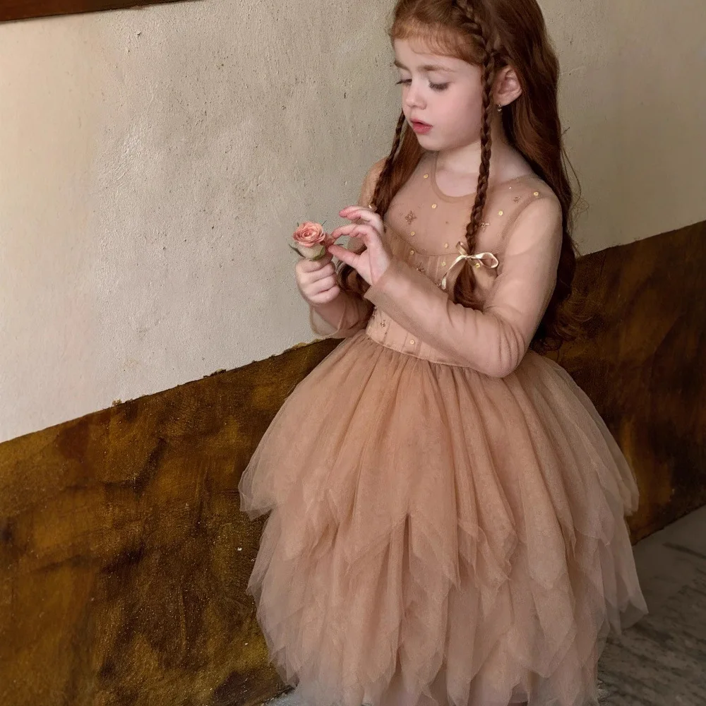

3-8Y Children Girl Princess Dress New Autumn Sequin Lace Toddler Kid Girls Fashion Vestido Teenager Girls Long Sleeves Ball Gown