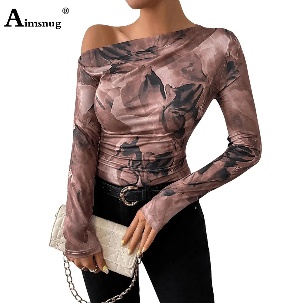 Damska elegancka, obcisła koszulka z nadrukiem 3D Damska koszulka z ukośnym dekoltem 2024 Wiosna Nowe podstawowe koszulki Damskie swetry z długim rękawem