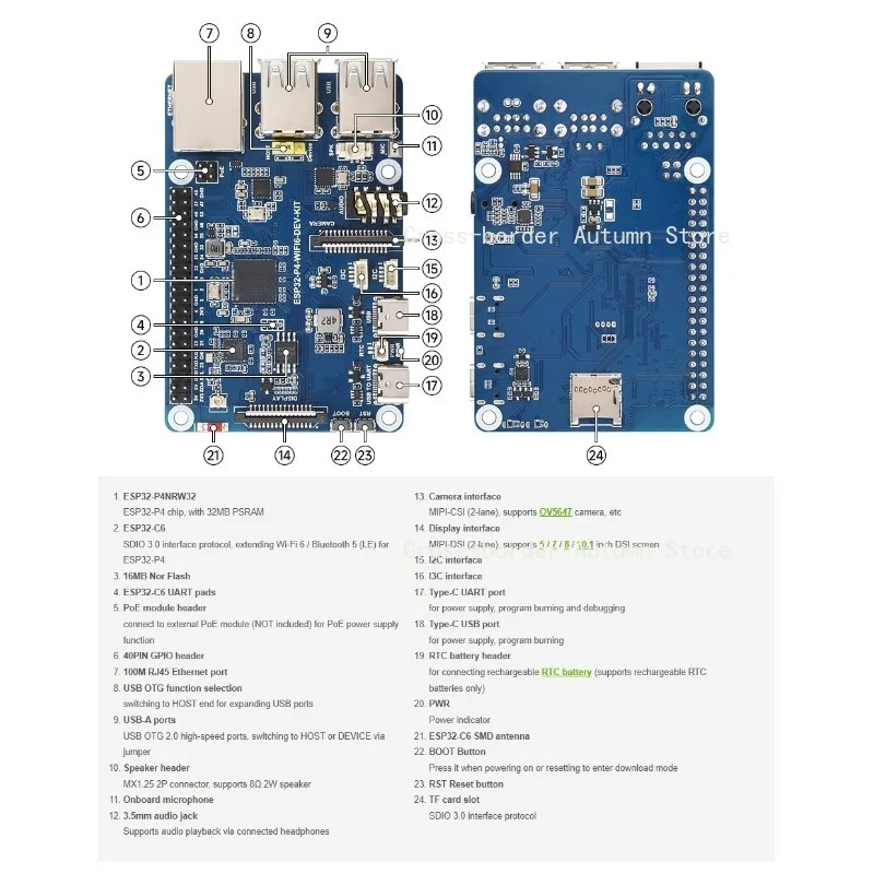 ESP32-P4 Multimedia Development Board with onboard ESP32-P4 MCU and ESP32-C6 chip, supporting Wi-Fi 6/Bluetooth BLE5