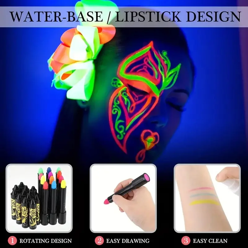 12PCS Fluorescent Paint Glow In The Dark Crayon Body Paint Washable Diy Face Painting Crayons Party Halloween Event Makeup Props