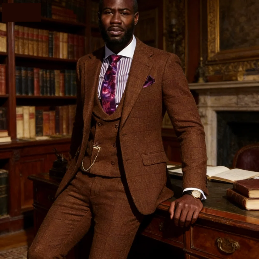 

Мужские деловые костюмы с отложным воротником, шерстяной пиджак в клетку, жилет и брюки для жениха и шаферов, для свадеб и торжеств