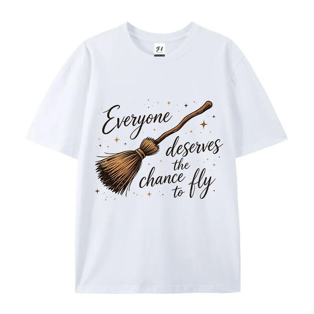 Women T Shirt Everyone Deserves The Chance To Fly Magic Broom Print White Oversized Short Sleeve Cotton Top Loose Casual