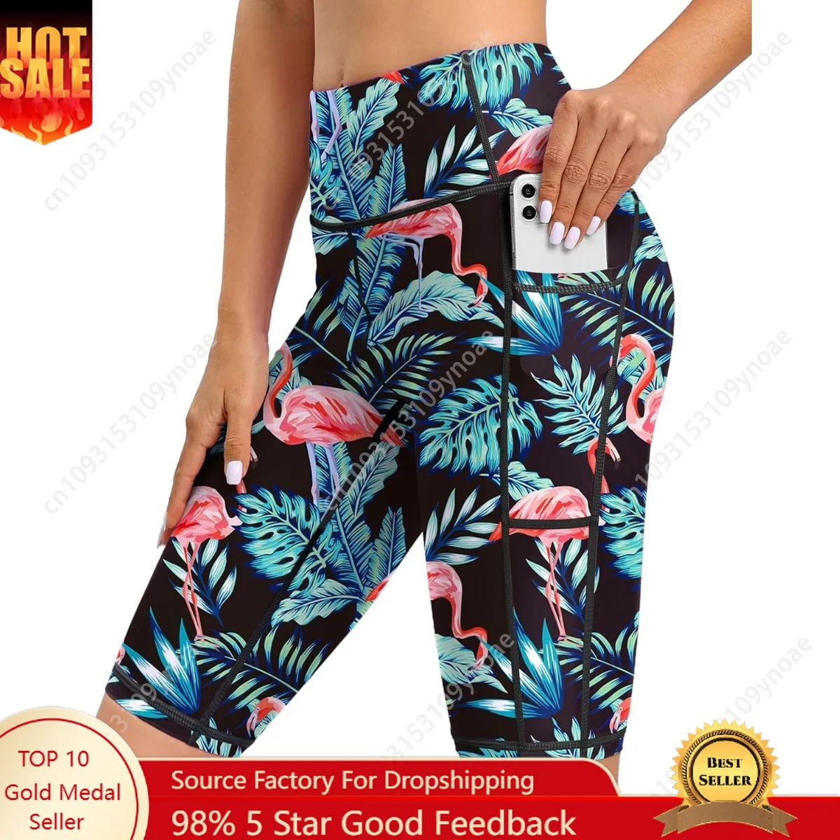 

Tropical Palm Leaf Yoga Shorts Sports Women Panties Tight Hip Pants High Waist Scanties with Pockets Bathing Trunks Beach Casual