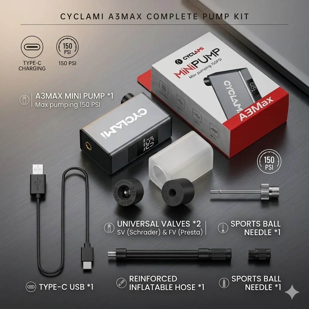 

CYCLAMI A3 MAX 150PSI Electric Bike Pump Mini Portable Rechargeable Tire Inflator Aluminum Alloy Smart Road MTB Presta Valves