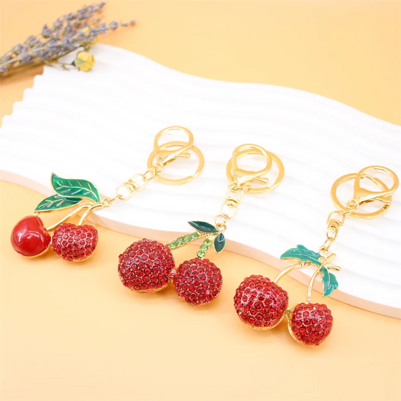 

Full Red Crystal Cherry Keychains for Women Men Cute Golden Fruit Key Chain Girl Car Pendant Keychain Kid Bag Key Ring