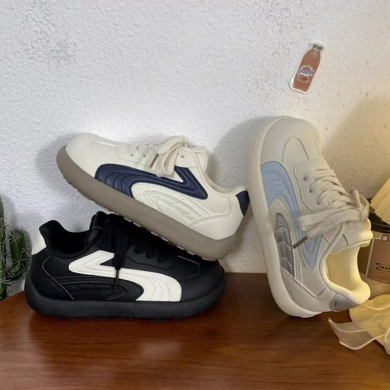 Vintage Women Chunky Sneakers White Navy Splicing Lace‑Up Thick Bottom Casual Sports Shoes Comfortable Daily Walking Footwear - view 2
