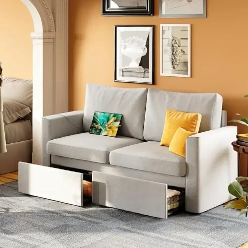 Loveseat Sofa with Drawer & Charging Port,Couches for Living Room with Track Armrest, Double Sofa for Bedroom, Grey