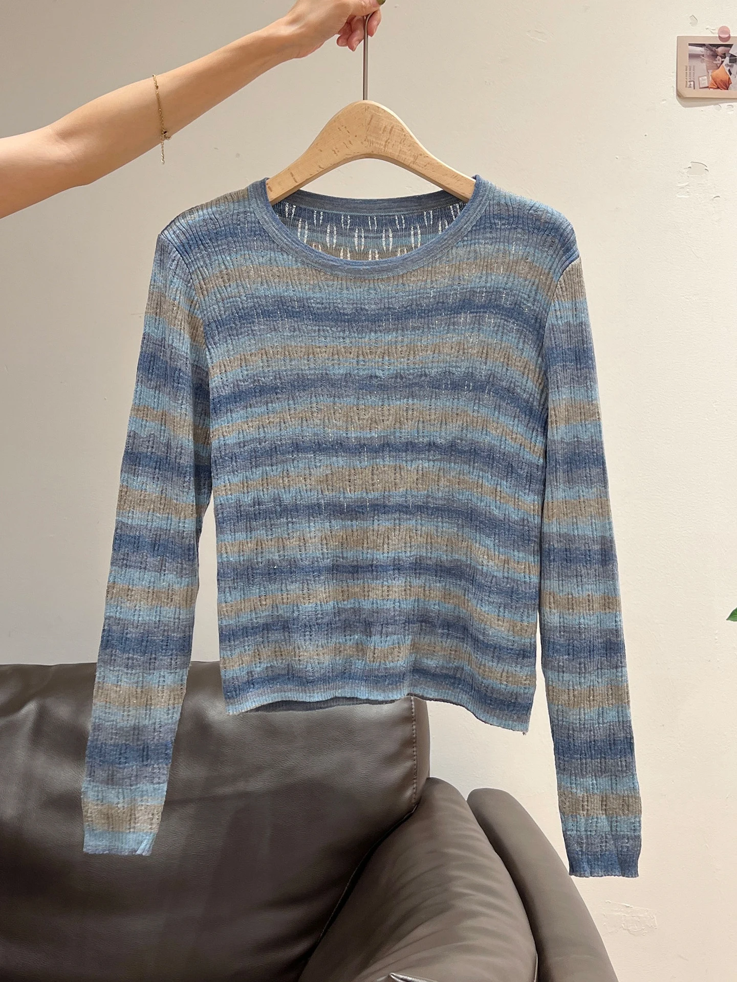 Suéter de punto largo a rayas Ne redondo azul para mujer, Top con Base de Color ahuecado para principios de otoño, Ci Walk Sle