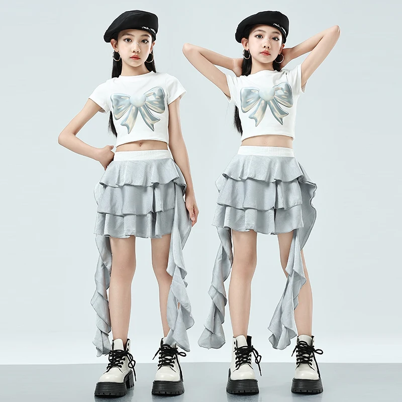 2024 Kid's Hip Hop Dance Performance Costume Girl's White Bow Tops Silvery Skirt Set Fashionable Jazz Competition Outfits XH526