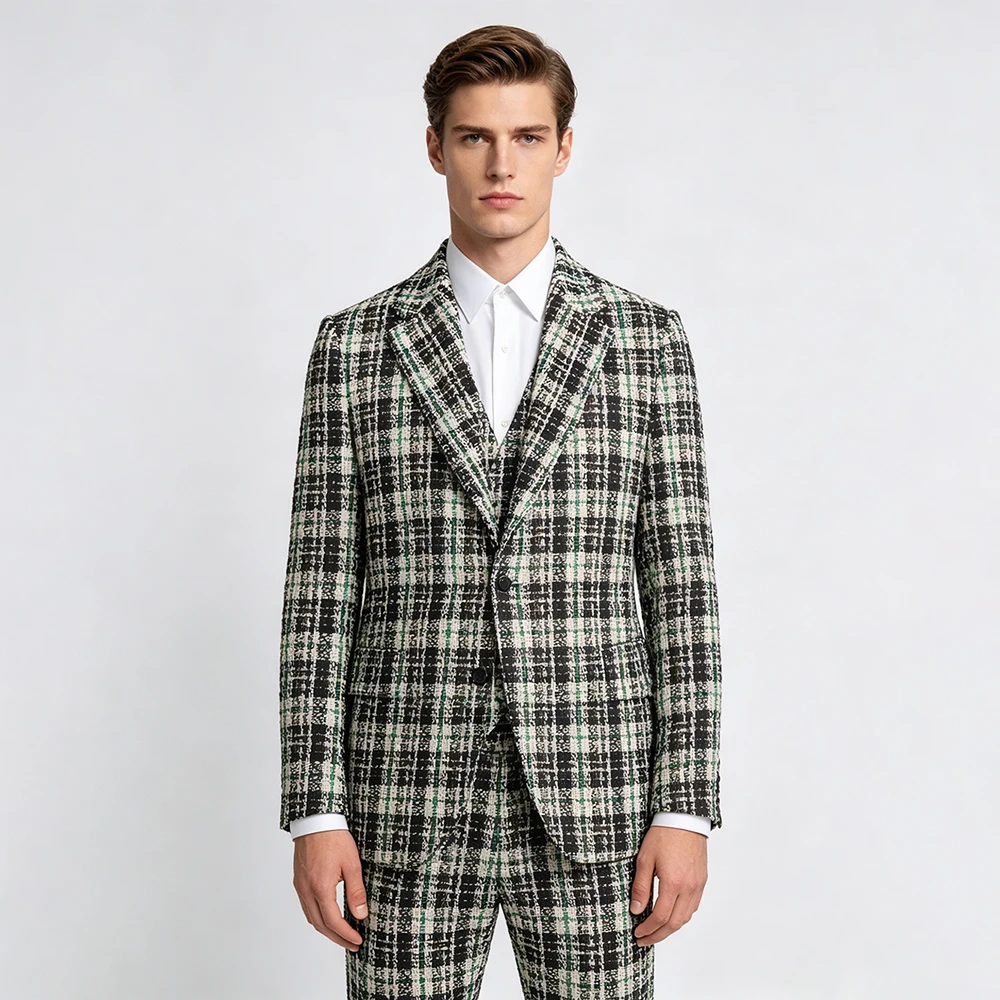 

Elegant Men's Suits Luxury Single Breasted Notch Lapel Blazer Formal Business Wedding Windowpane 3 Piece Jacket Pants Vest