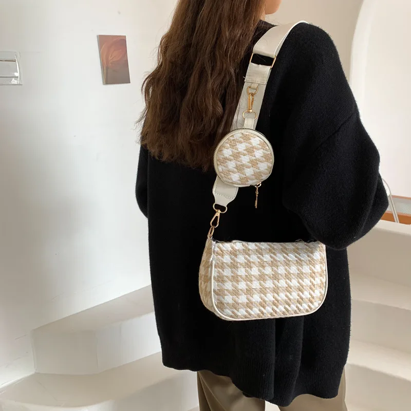 Female Vintage Plaid Printing Shoulder Bags with Mini Round Purse Pendant Women Bags Casual Small Crossbody Bags 2pcs Composite