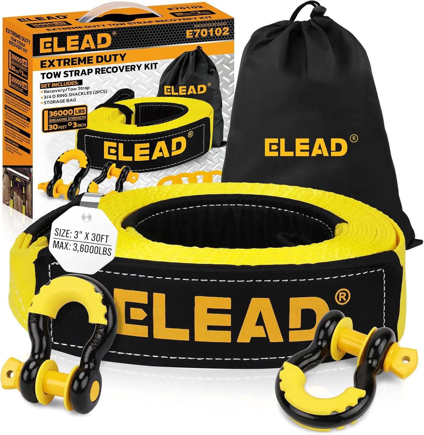 

Heavy Duty 3" x 30Ft Tow Strap with Hooks, 36000 LBS Break Strength, Includes D Ring Shackles for Truck SUV ATV Offroad Recovery