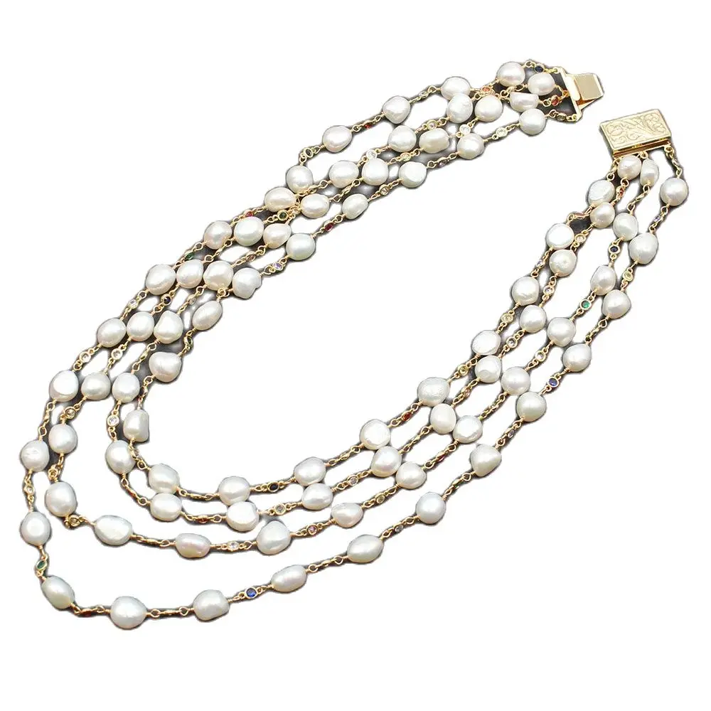 

18" 4 Strands Freshwater White Baroque Pearl Multi Color Cz Chain Necklace