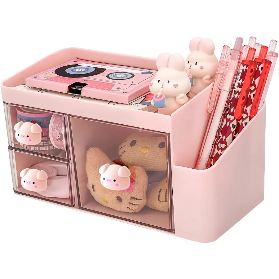 Organizer Meja dengan 3 Laci, Organizer Alat Tulis Lucu untuk Meja, Kotak Penyimpanan Makeup Plastik, Aksesoris Meja Multifungsi, Tempat Penyimpanan Rapi