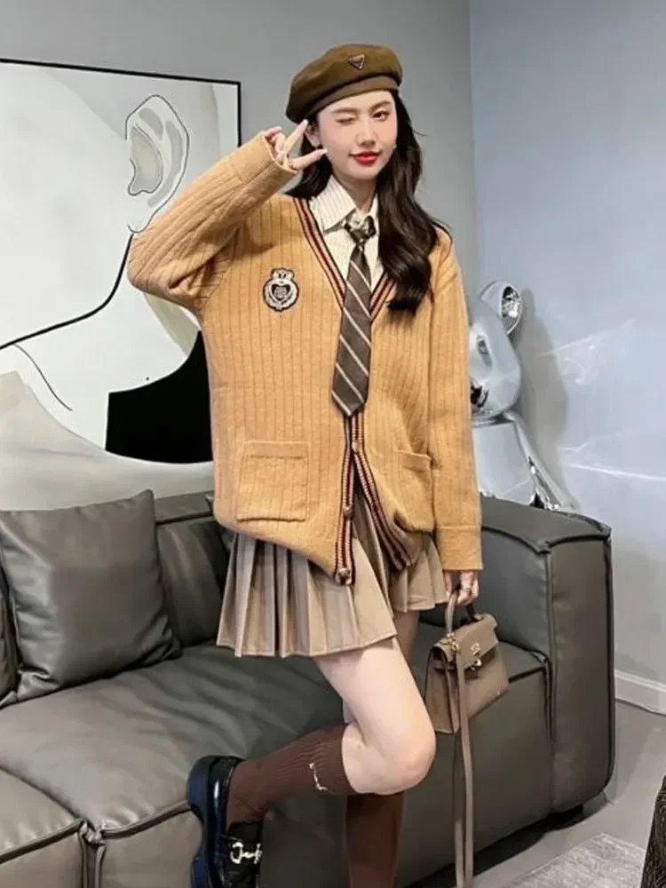 Women Korea School V-neck Girl Sleeve Cosplay Stripe Knitting Cardigan Winter Uniform Long Coat Sets Japan