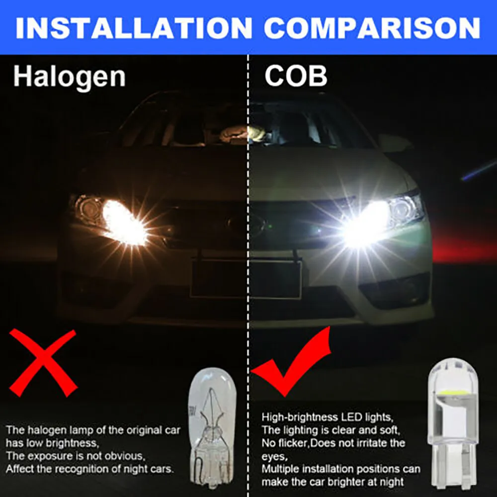 20pcs T10 LED COB 6000K White Car Interior Light Dome Lamp Map Bulb 168 194 Turn Signal Light Door Light