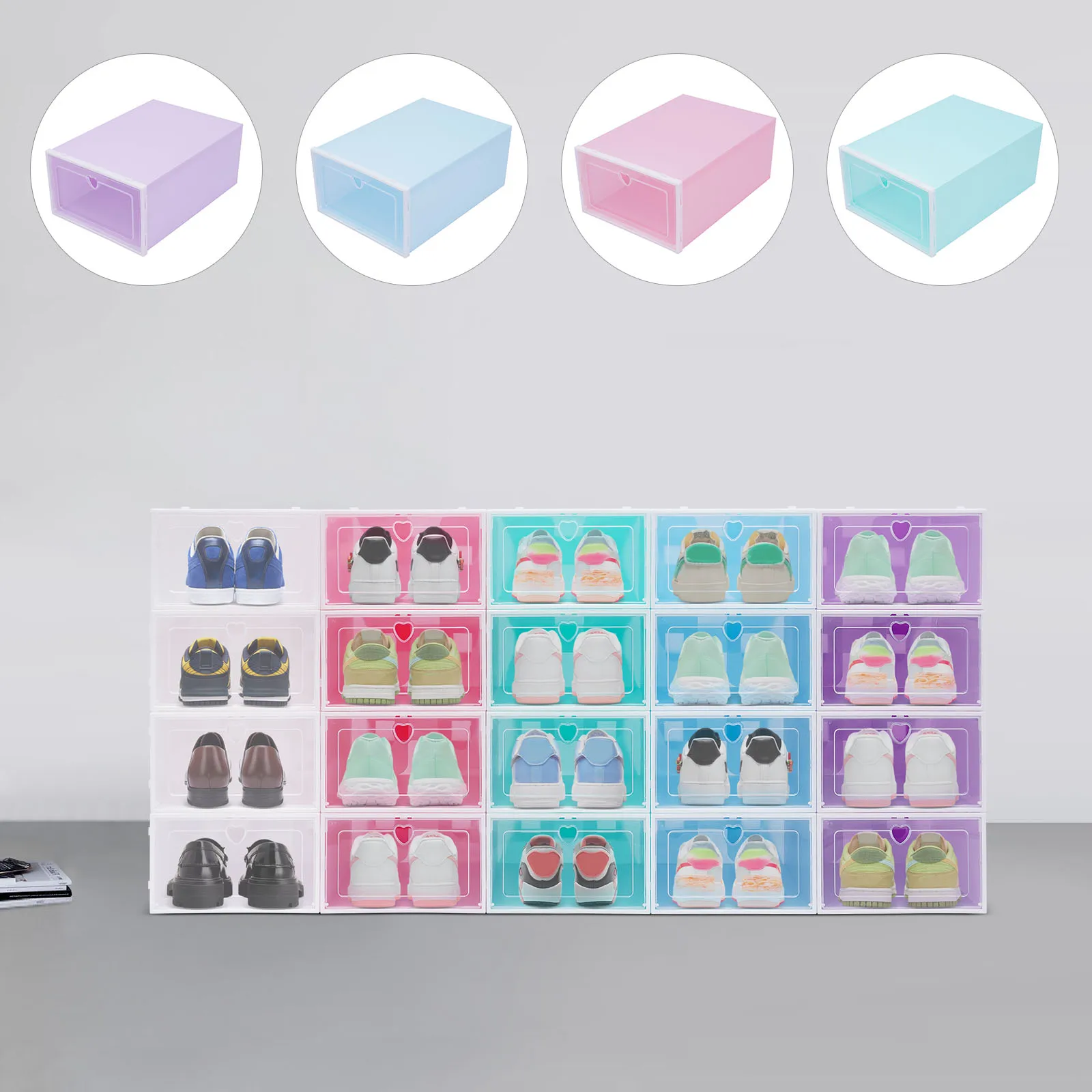 20er-Pack Transparente Schuhboxen, Harte Kunststoff-Schuhbox mit Deckel, Stapelbare Kunststoff-Schuhbox für Flache Schuhe, Sportschuhe, Farbig – Detail 2