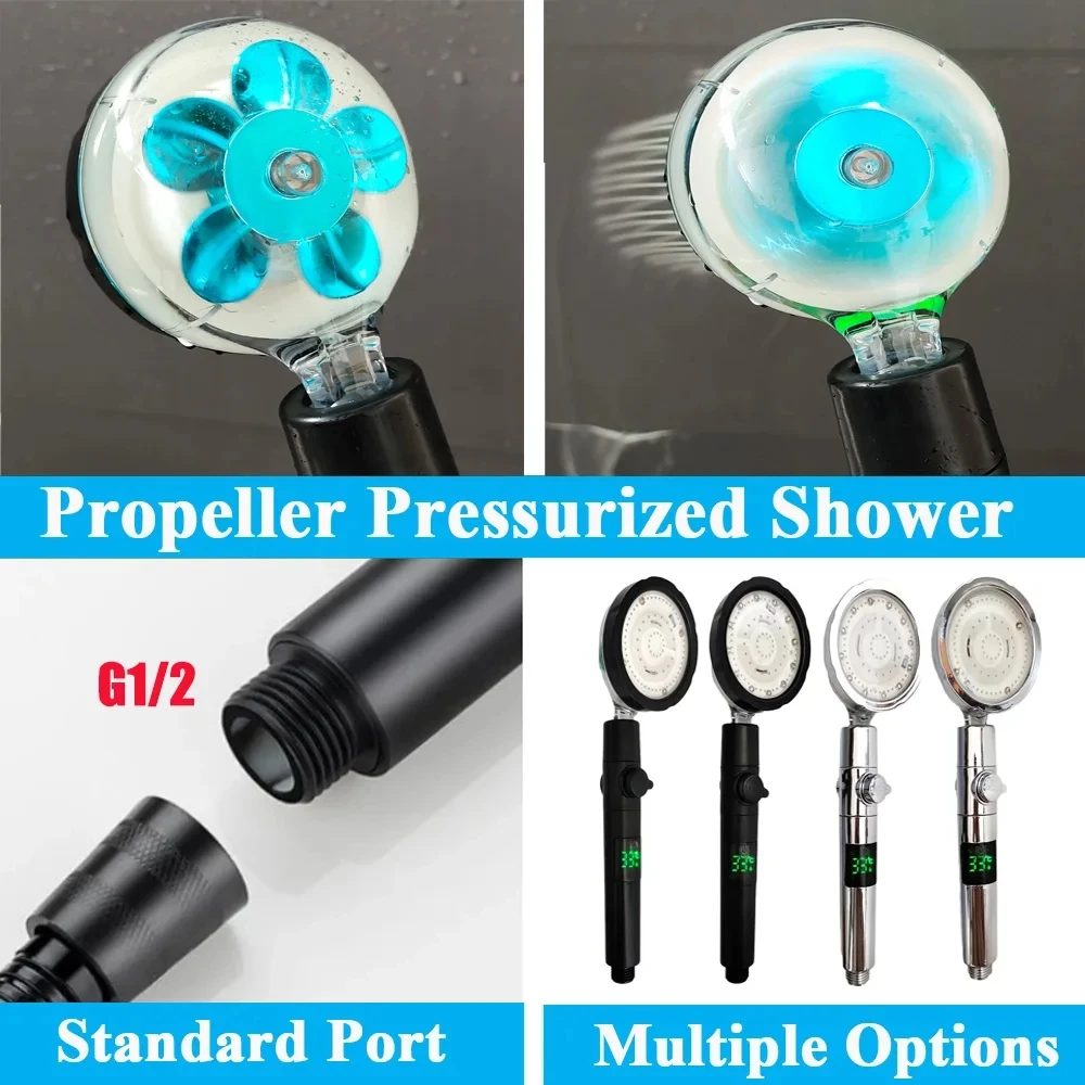 LED Digital Temperature Display Shower Head Temperature Control Colorful Fan Spray Nozzle High Pressure Rainfall Bathroom Shower