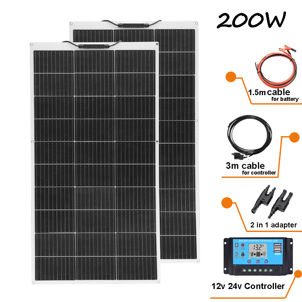 

WUZECK 200W 12V Solar Panel Kit, 2 x 100W 12V Flexible Monocrystalline Solar Modules, 20A Controller for Motorhomes, Boats,