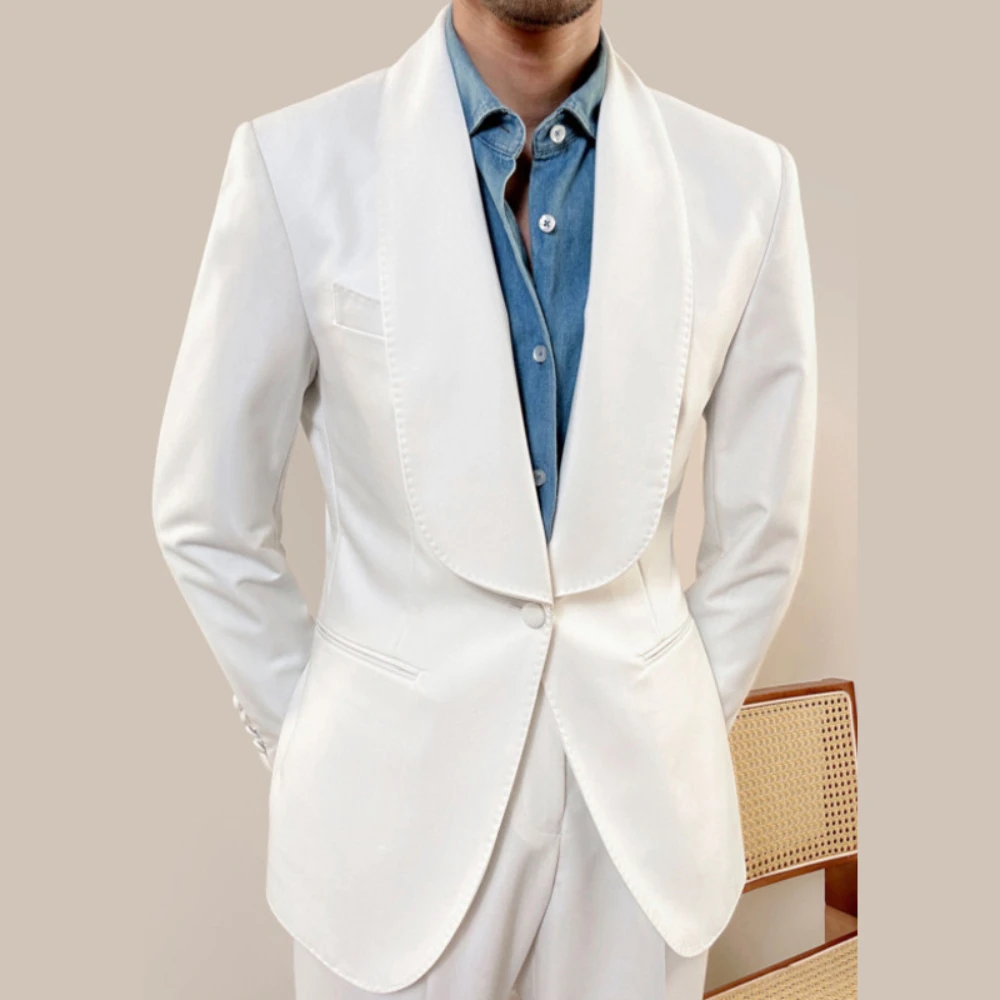 

White Solid Color Suit For Men 2 Piece British One Button Wedding Casual Business Social Banquet Tuxedo Costume Blazer+Pants