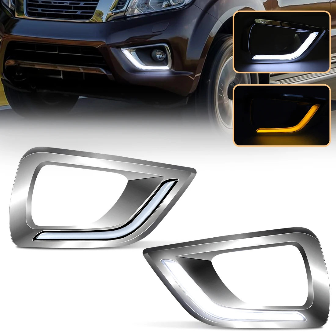 

LED Daytime Running Light For Nissan Navara NP300 2015 2016 2017 2018 2019 DRL Headlights Yellow Turn Signal Lamp Chrome Kit