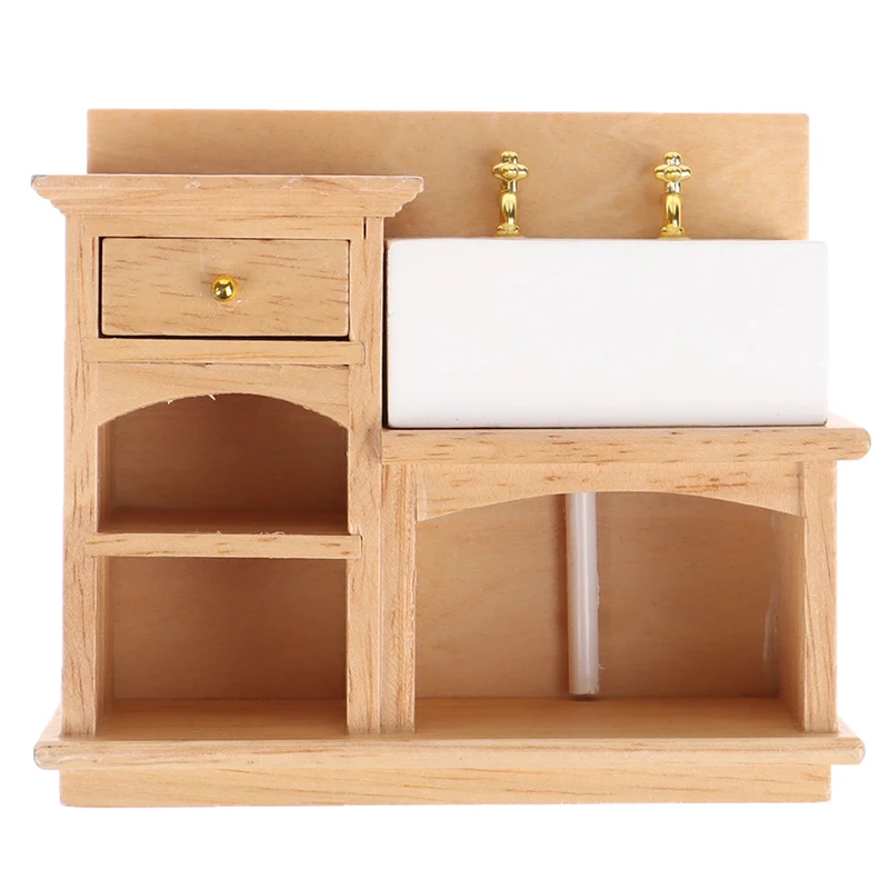 1/12 Wooden Wash Basin Cabinet with Ceramic Hand Sink Miniature Furniture Toys for Dollhouse Bathroom Kitchen Decoration