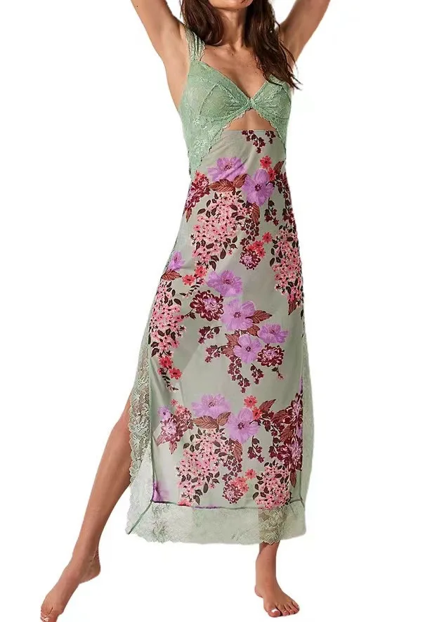 

2025 Summer New Lace Halter Shoulder Strap Splicing Slit Color Long Dress Women's Clothing