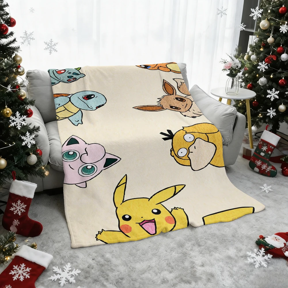 Pokemon Pikachu Eevee Squirtle Bulbasaur Jigglypuff Psyduck Flannel Throw Blanket Soft Warm Blanket for Sofa Bed Home Decor Gift