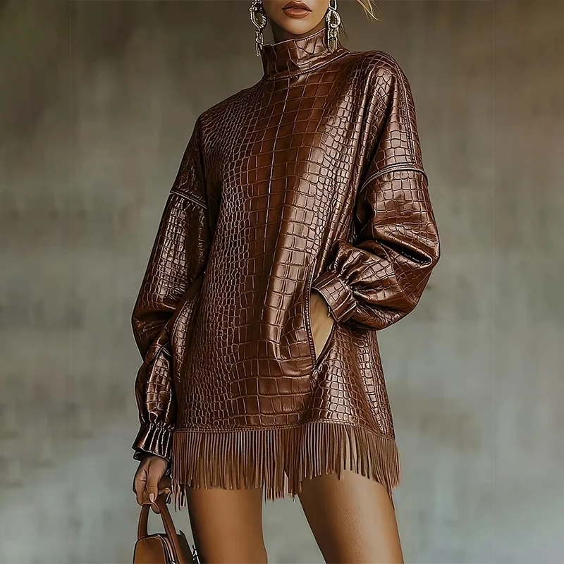 

Fashion Crocodile Leather PU Mini Dress for Women Turtleneck Long Sleeve Tassel Hem Straight Dress Retro Loose Street Dress