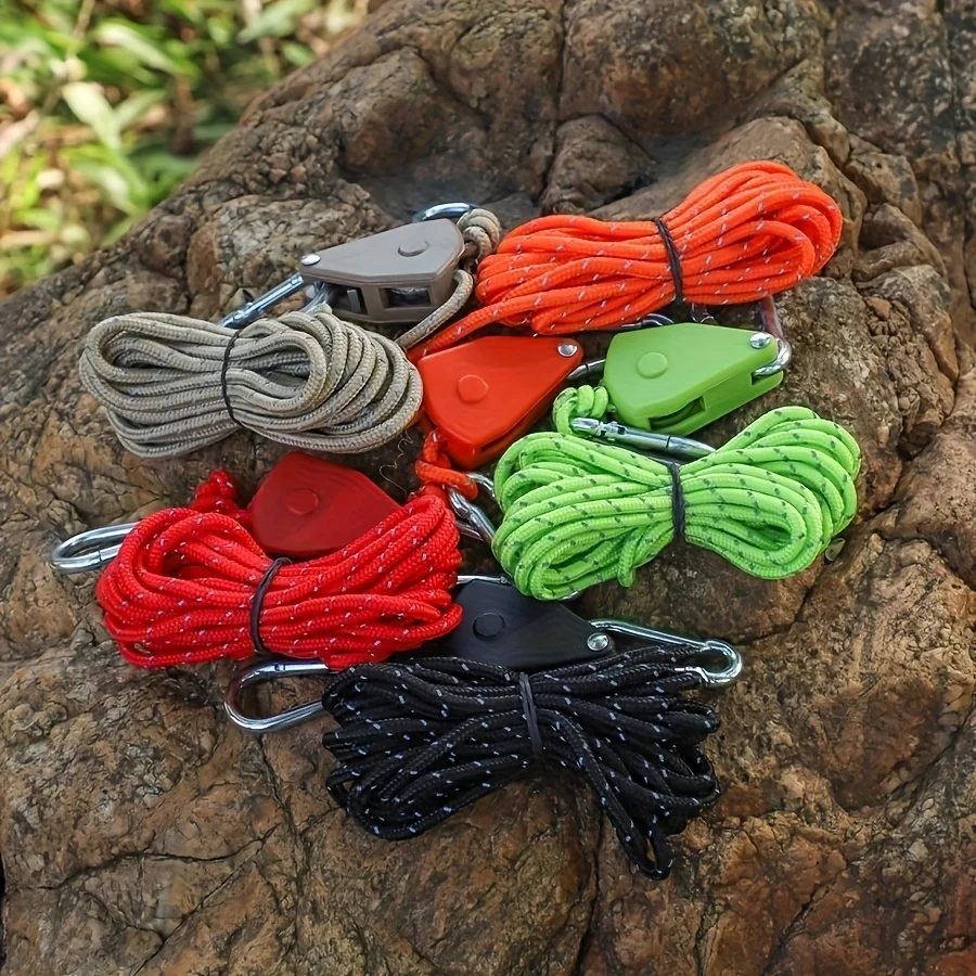 6 قطع من حبل تثبيت خيمة التخييم بكرة 157 بوصة مع شريط عاكس، قفل بإبزيم برباط قابل للتعديل، مناسب للخارج