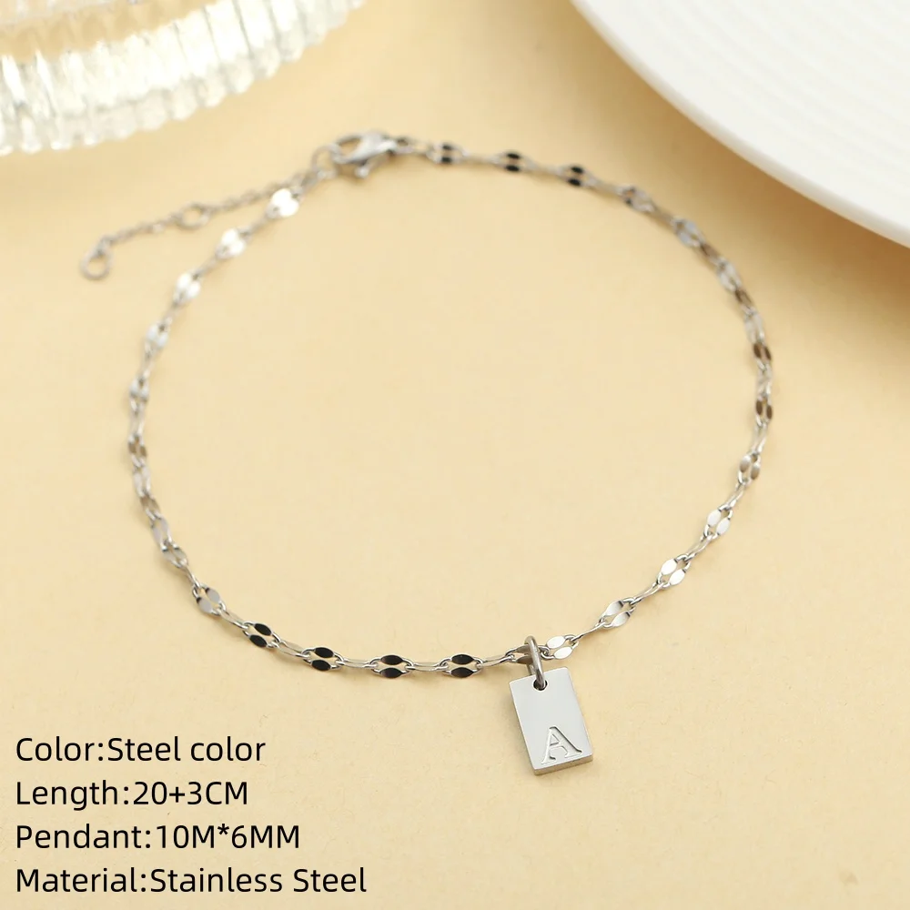 10PCS 26 Letter Pendant Silver Color Stainless Steel Lip Chain Anklets  Fashion Summer Beach  Style Women's Jewelry Wholesale