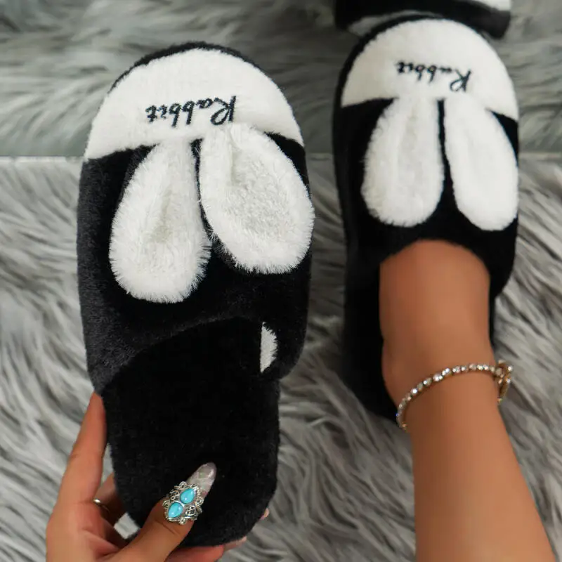 Cute Rabbit Ears Mix Color Faux Fur Slippers Women 2025 Winter Comfort Short Plush Flat Heel Indoor Slippers Warm Furry Slides