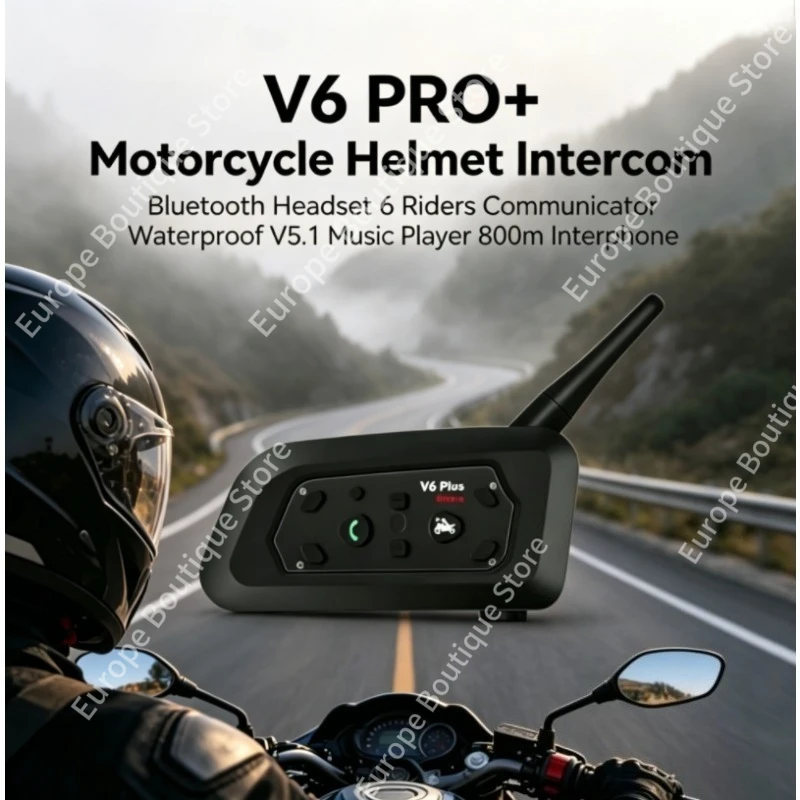 

2026 NEW V6 PRO+ Bluetooth 5.1 Motorcycle Helmet Intercom 6 Riders Waterproof 800m Range Music Player Wireless Headset