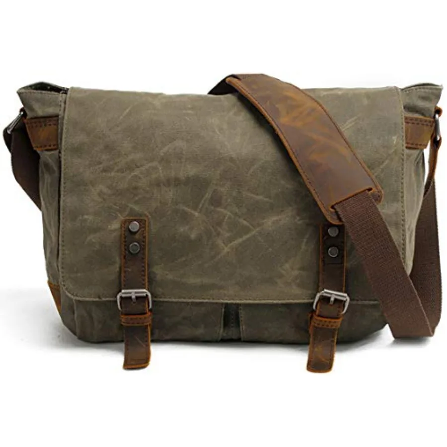 

HuaChen Mens Messenger Bag, Vintage Genuine Leather Waxed Canvas Shoulder Bag for 14" Laptop, Rugged Briefcase Satchel