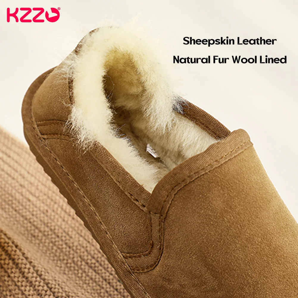 KZZO New Women Sheepskin Leather Mini Snow Boots Australia Natural Wool Fur Lined Short Ankle Winter Warm Lazy Shoes Non-slip